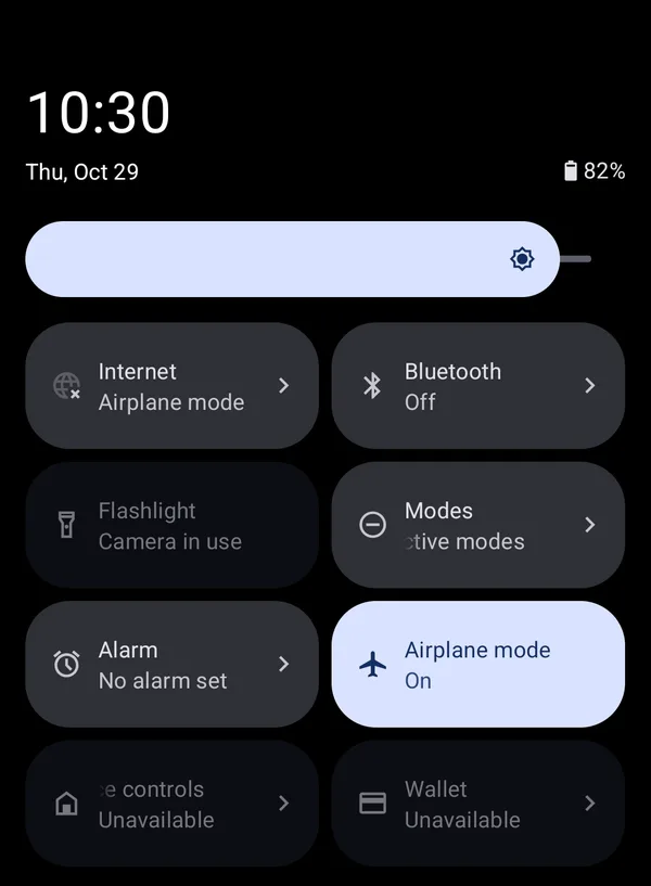 Android Quick Settings with Airplane mode on and Internet showing Airplane mode