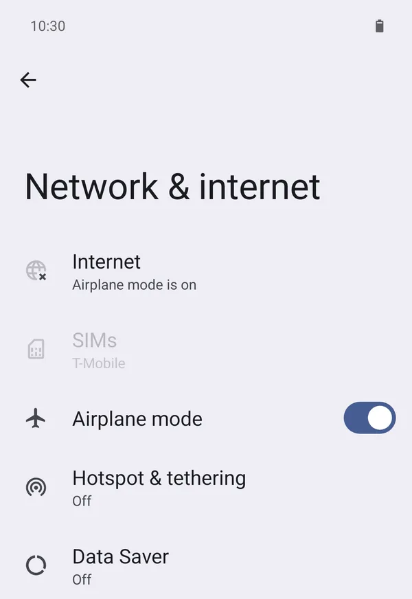 Android Settings, Network and internet, with Airplane mode and Data Saver
