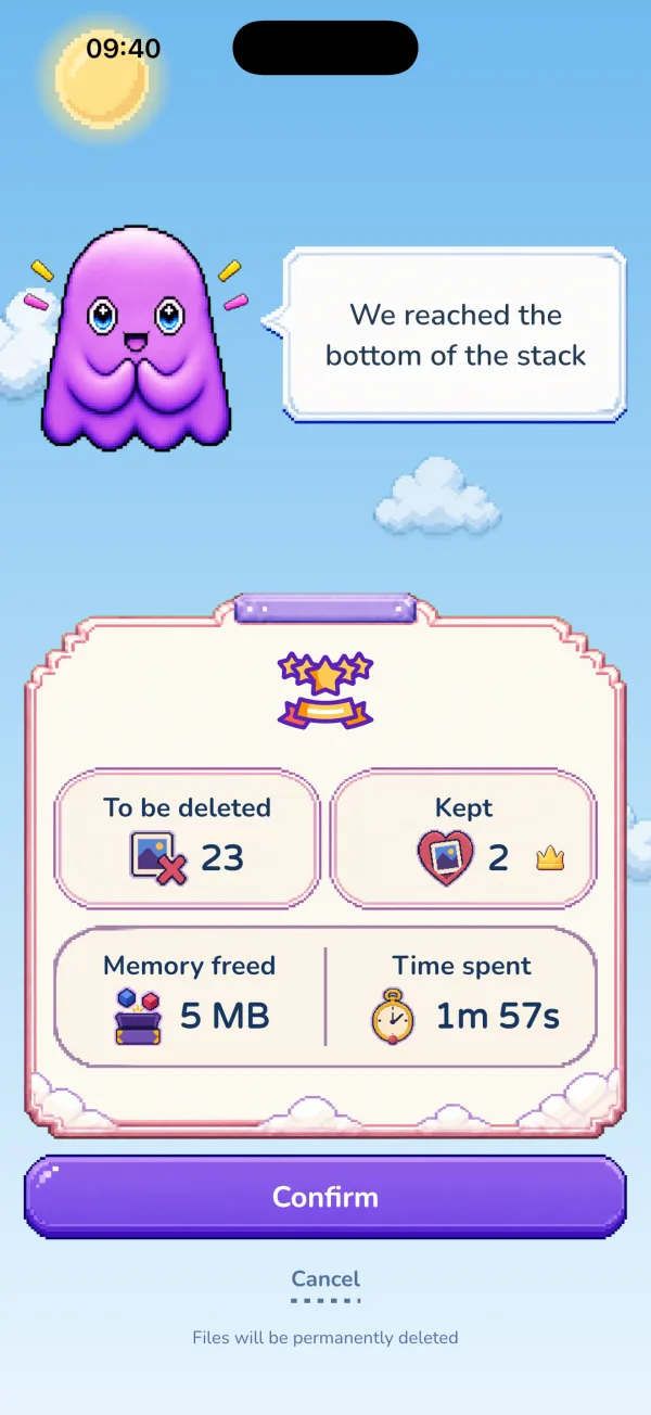 Picmori session summary showing how many photos were deleted and how much space was freed